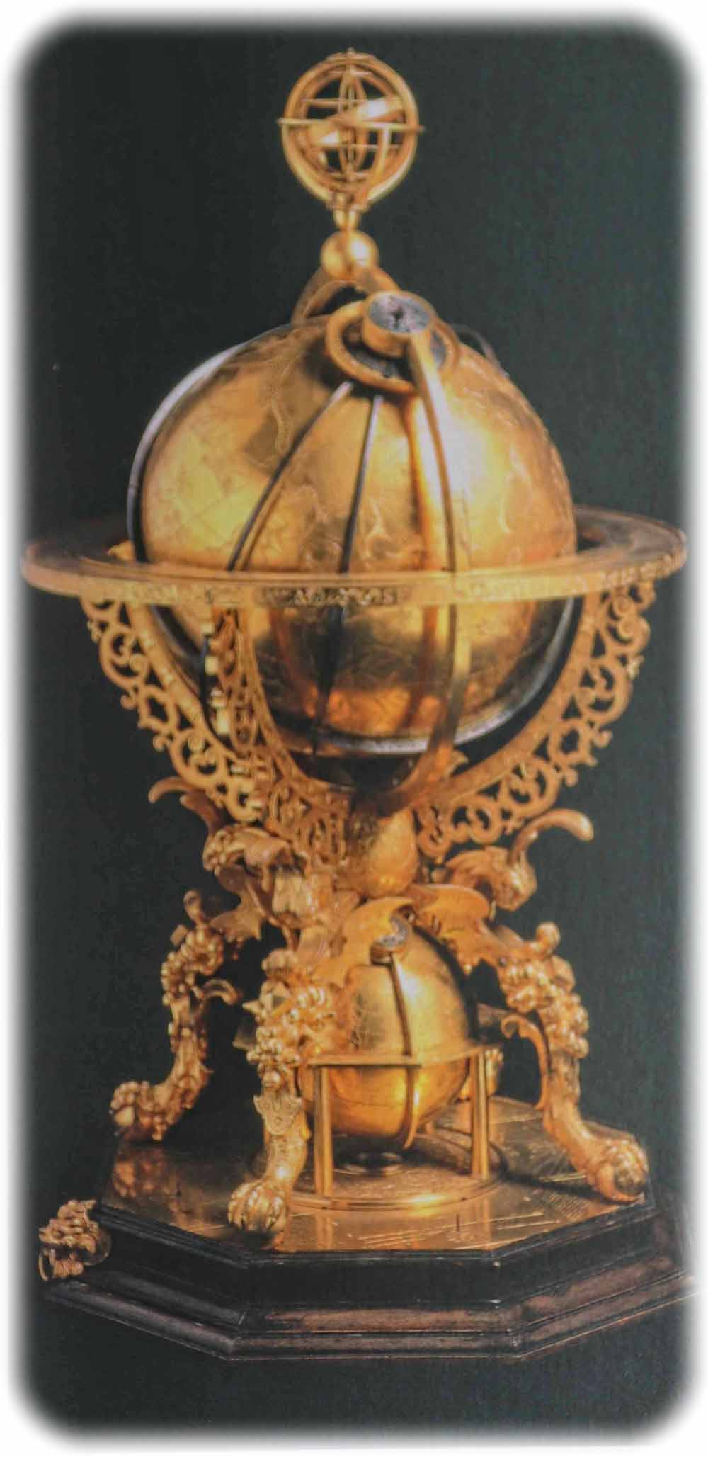 Mechanischer Himmelsglobus von Johannes Reinhold aus Dresden (1586) aus Messing, Kupfer und Palisander. Repro (CR) aus: "Mathematisch-Physikalischer Salon", Dresden