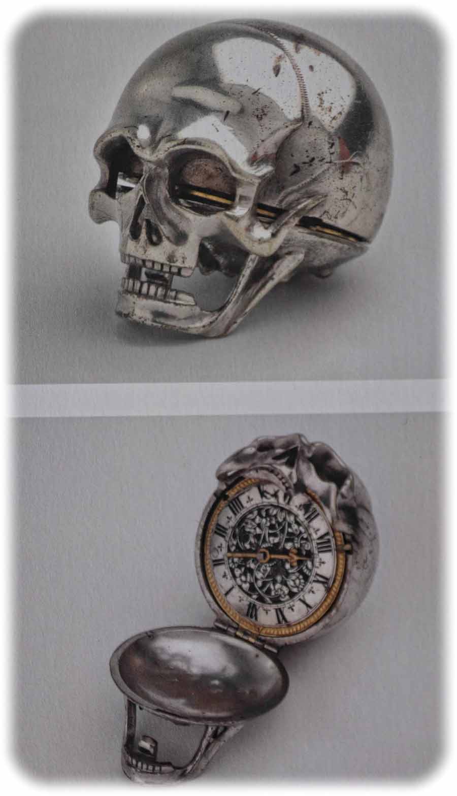 Jacques Joly schuf diese Totenkopfuhr um 1630 in Genf aus Silber, Messing und Stahl. Repro (CR) aus: "Mathematisch-Physikalischer Salon", Dresden