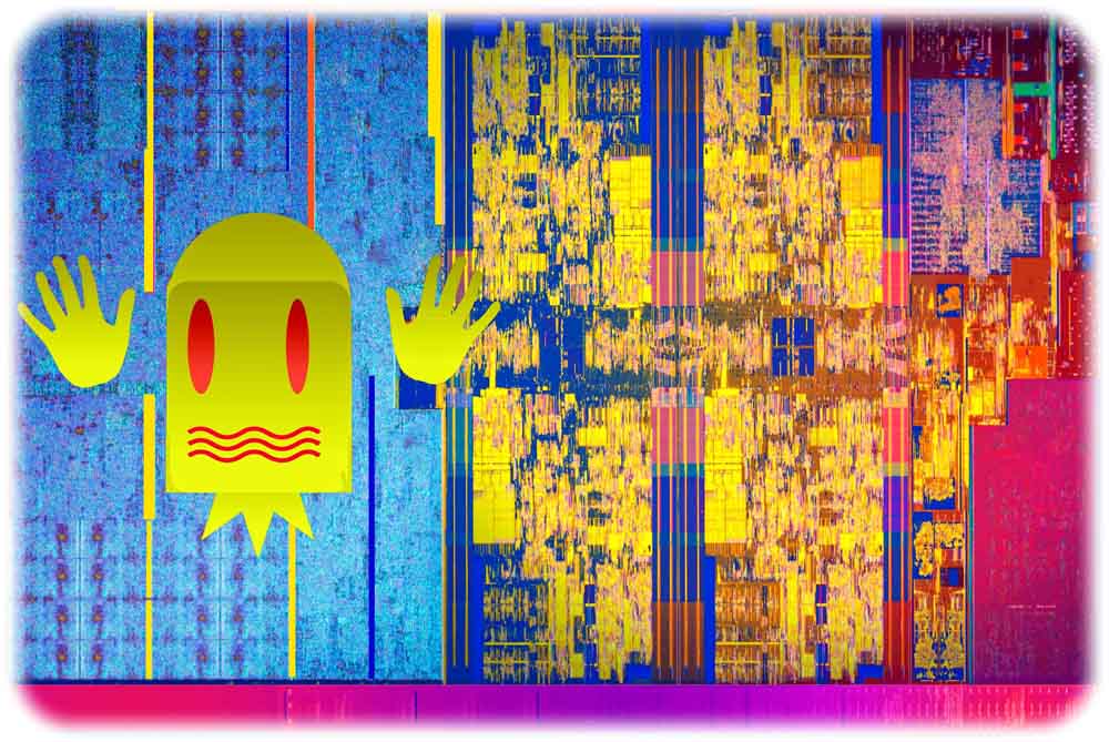 Die meisten heutigen Prozessoren beherbergen die Sicherheitslücke "Spectre" (Schreckgespenst). Vor allem Intel-Chips - hier einen Blick in einen i7-Prozessor der 8. Generation - bergen zudem die Spählücke "Meltdown". Montage: hw, Foto: Intel