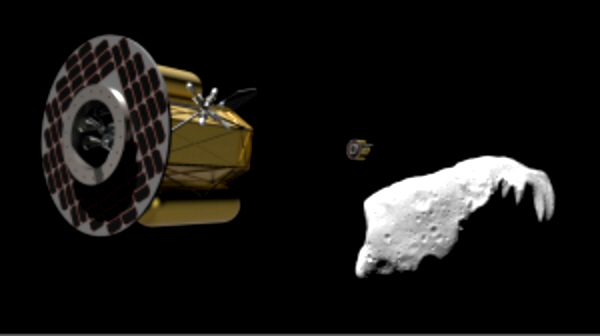 Die Visualisierung zeigt eines der geplanten Arkid-Raumschiffe im Anflug auf einen Asteroiden. Abb.: Planetary Resources