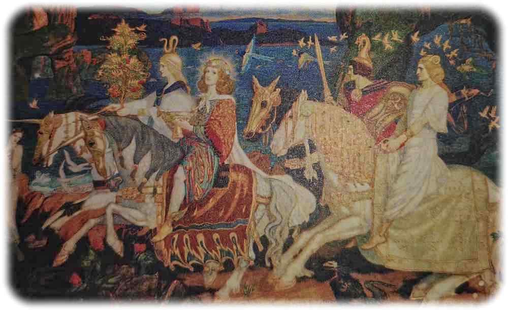 Diese Gemälde "The Riders of the Sidhe" aus dem Jahr 1911 von John Duncan zeigt keltische Feen, die eher Tolkiens Vorstellung von Elben entsprachen als die Hänflinge, die damals die Elfen-Bilder in England dominierten. Repro (hw) aus: John Garth: „Die Erfindung von Mittelerde"