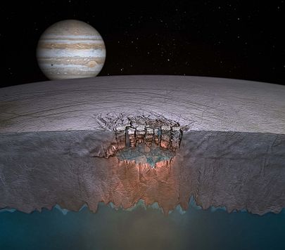 Die Visualisierung zeigt den nun entdeckten Wassereinschluss auf "Europa" - im Hintergrund der Jupiter. Abb.: B. Schmidt/ Uni of Texas