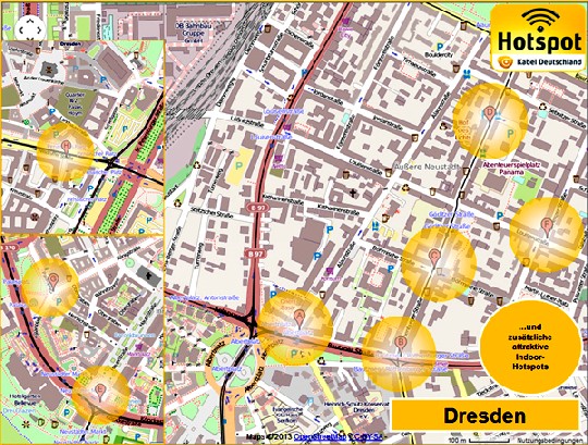 Hier die Karte der bisher freigeschalteten Gratis-WLAN-Sender von KD in Dresden. Abb.. kabel Deutschland