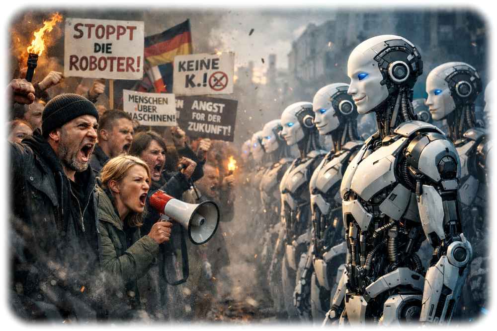 Viele Deutsche wünschen sich einen Pausenknopf für Fortschritt und Technologie. Visualisierung: KI ChatGPT