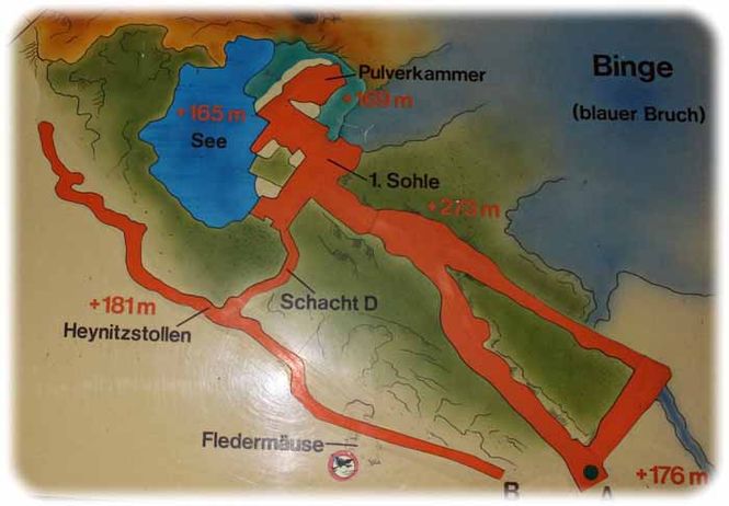 Plan des Bergwerks mit den rot gekennzeichneten Besucher-Strecken. Foto: Peter Weckbrodt