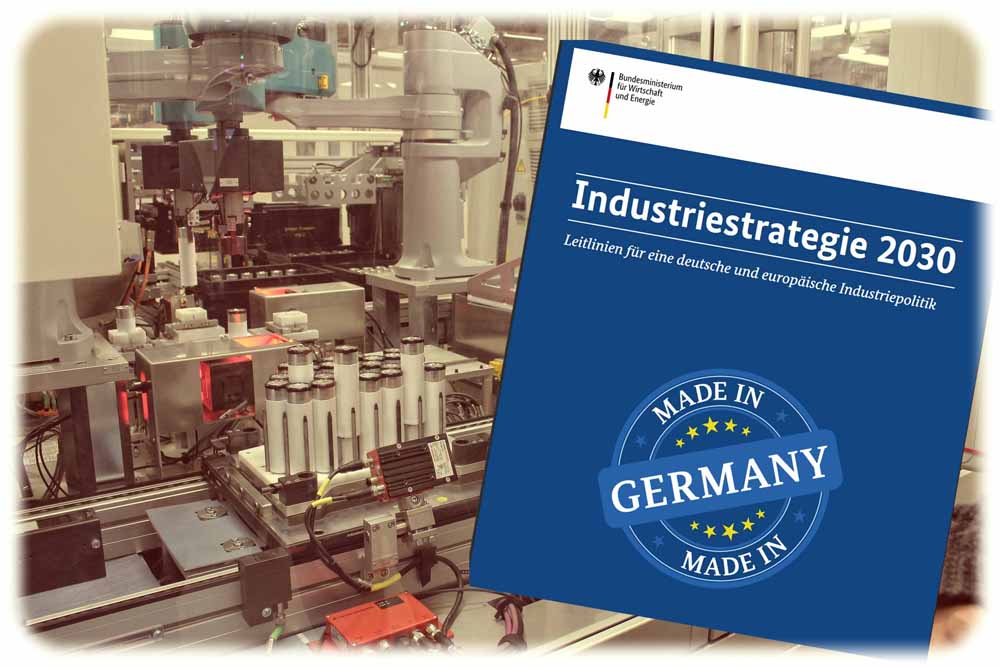 Mit der "Industriestrategie 2030" will Bundeswirtschaftsminister Peter Altmaier die deutsche Wettbewerbsfähigkeit stärken. Fotos und Montage: hw, Broschüren-Umschlag: BMWi