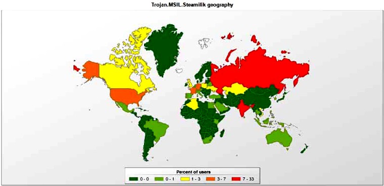 Verbreitungs-Statistik für  den Steam-Trojaner MSIL.Steamilik. Abb.: Kaspersky