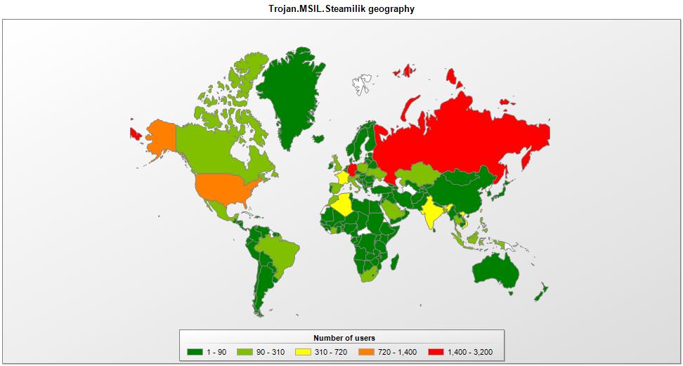 Die Karte zeigt die Infektionsrate von Rechnern durch den Trojaner "Trojan.MSIL.Steamilik" im weltweiten Vergleich. Abb.: Kaspersky