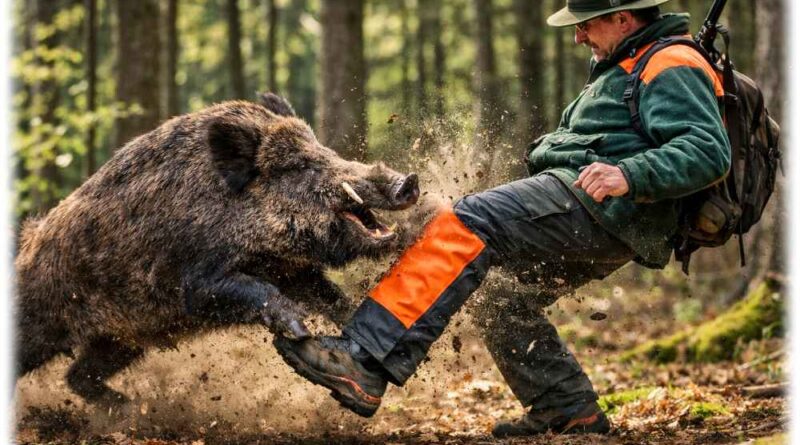 Eine Schutzhose mit Aufprall-Gewirken soll Jäger und Förster besser gegen Wildschwein-Angriffe feien. Visualisierung: KI ChatGPT, Promt: Heiko Weckbrodt