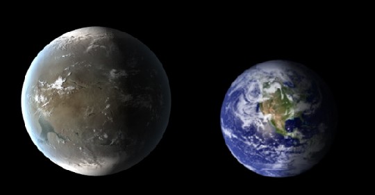 Die künstlerische Visualisierung zeigt den neuentdeckten Exoplaneten Kepler 62f im Größenvergleuch zu unserer Erde (rechts). Visualisierung: NASA Ames/JPL-Caltech