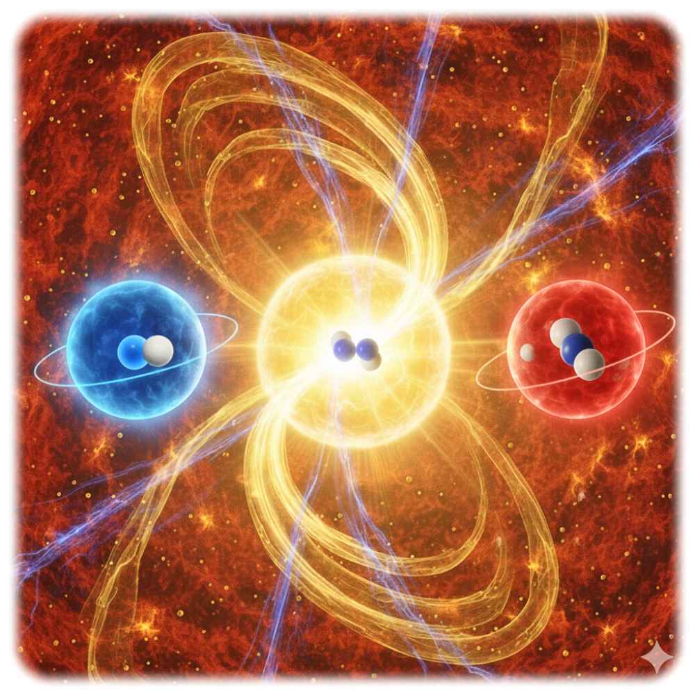 Die vereinfachte Visualisierung zeigt, wie sich Deuterium (links: ein Proton, ein Neutron im Kern) anschickt, im Sonnenplasma mit einem Tritium-Atomkern (ein Proton, zwei Neutronen) zu Helium zu verschmelzen. Dieser in Sternen über Milliarden Jahren laufende Prozess gilt als Blaupause für Fusionsreaktoren auf Erden. Visualisierung: KI Gemini, Prompt: Heiko Weckbrodt