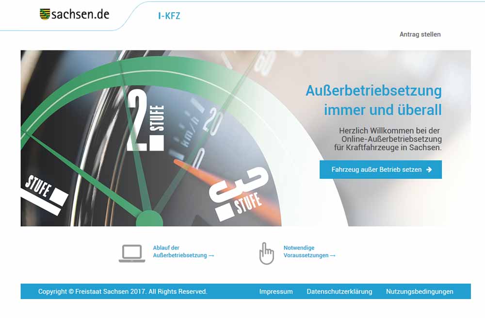 Das sächsische Portal I-KFZ für die Abmeldung von Autos per Internet. Abb.: Bildschirmfoto