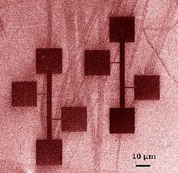 Die Strukuren im Vordergrund sind Messsonden, die eigentlichen nanodrähte sind die dünnen Striche im Hintergrund. Elektronenmikroskop-Aufnahme (bearbeitet): HZDR