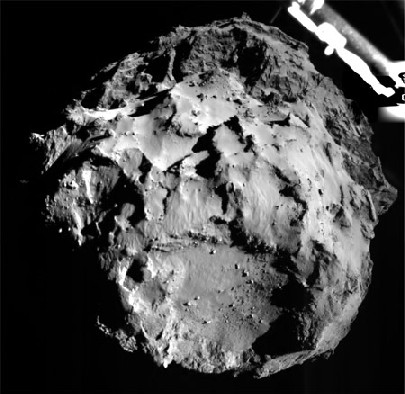 Diesen Schnappschuss vom Kometen erstellte das Phiale-Modul, als es nach etwa 3 km von der Oberfläche entfernt war. ESA/Rosetta/Philae/ROLIS/DLR