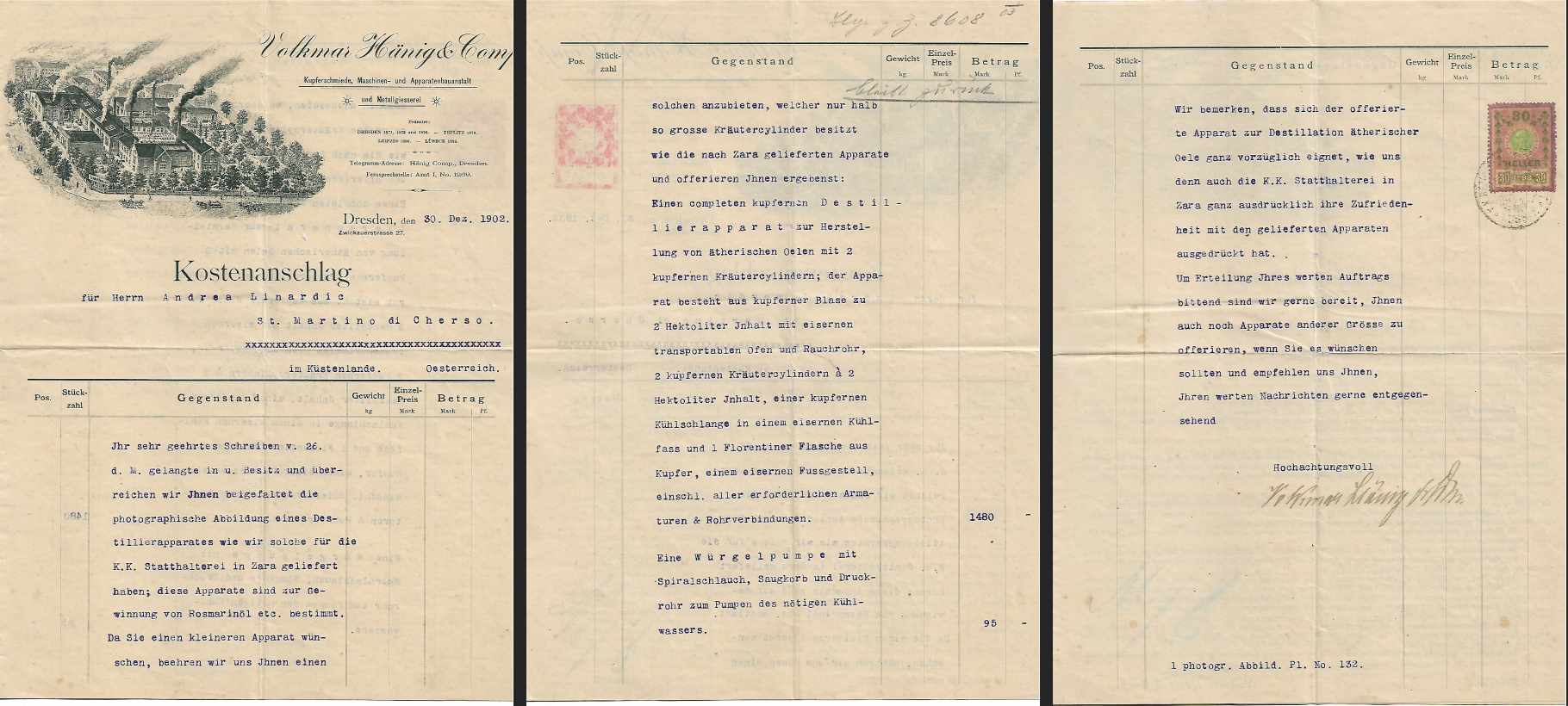 Kostenanschlag vom 1. Dezember 1902 der Firma Hänig für den ersten, 1903 in Betrieb genommenen Destillierapparat. Quelle: Archiv Ivo Saganic, Repro: M. Bäumel