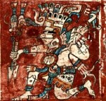 Auch der mexikanische Feuer- und Kriegsgott Chak Xivit hat Gastauftritte im Maya-Kodex. Plichtgemäß bringt er sieben Monate Unheil. Abb.: SLUB