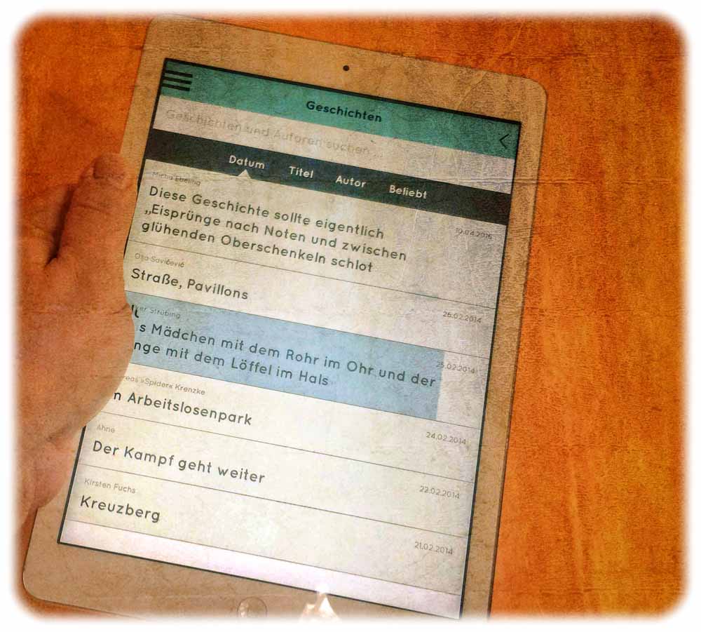 In der App "A Story A Day" experimentiert der Dresdner Verlag Voland & Quist mit neuen Geschäftsmodellen: Wer eine Abo-Gebühr zahlt, bekommt jeden Tag eine Kurzgeschichte aufs iPad oder Smartphone. Foto (bearbeitet); Heiko Weckbrodt