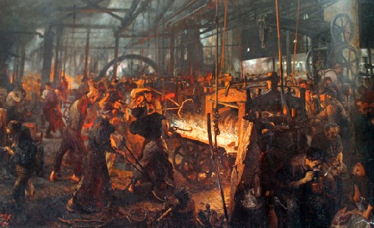 In seinem Gemälde "Eisenwalzwerk (Moderne Zyklopen)" (1872-75) begründete Adolph Menzel die Ikonografie der industriellen Revolution mit. Repro: Heiko Weckbrodt