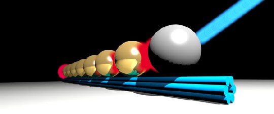 Ein Laserpuls bringt die Sendekugel zum Leuchten, die Nano-Goldkugeln dahinter transportieren das Signal dann weiter. Visualisierung: DNAmic