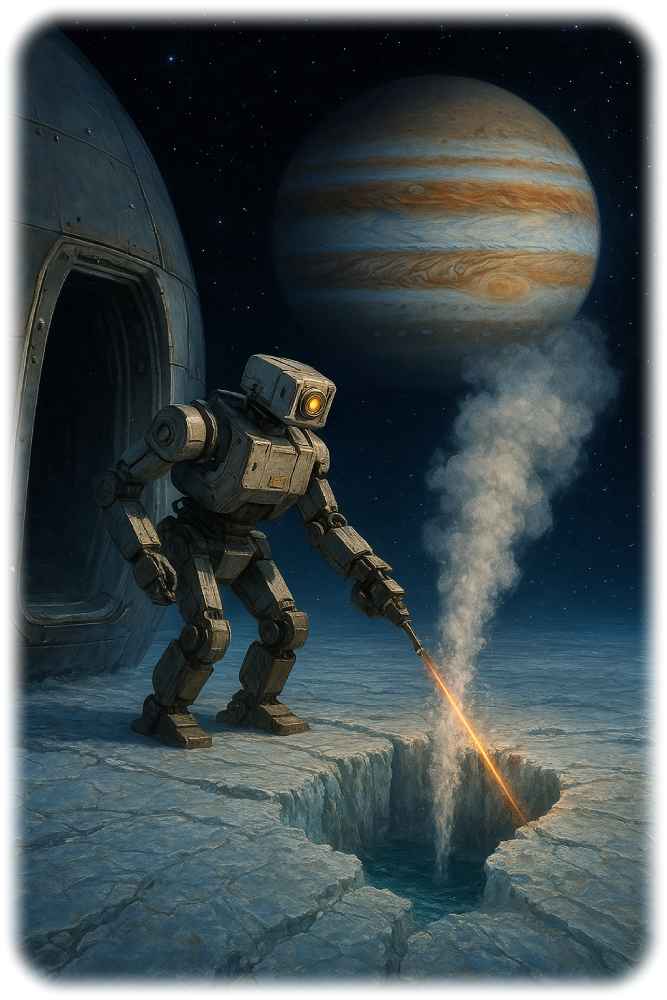 Künftige Raummissionen könnten darauf zielen, sich per Laser durch die Eispanzer der Monde von Jupiter oder Saturn hindurchzubohren, um in den Meeren darunter nach Spuren von Leben zu suchen. Visualisierung: KI-Instanz ChatGPT, Prompt: Heiko Weckbrodt