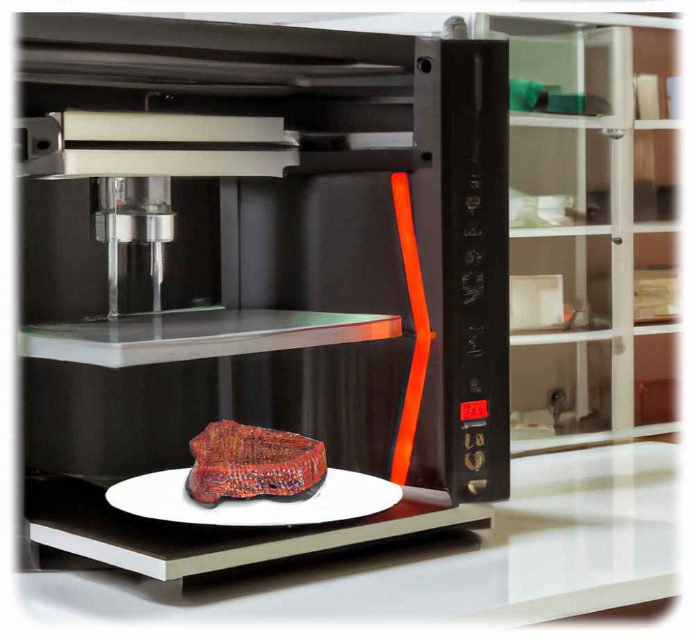 Wird der Essens-3D-Drucker in Zukunft genauso selbstverständlich zum Kücheninventar gehören wie Kühlschrank und Mikrowelle? Visualisierung: Dall-E