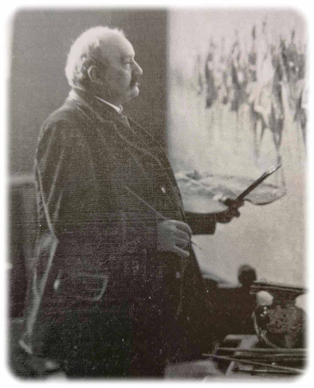 Panorama-Maler Louis Braun (1836-1916) in seinem Atelier (um 1910). (Repro (hw) aus: Ausstellungskatalog "Krieg. Macht. Nation", Sandstein-Verlag