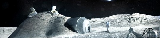 Die Visualisierung zeigt, wie eine mit 3D-Druckern erzeugte Mondbasis etwa aussehen könnte. Abb.: Foster