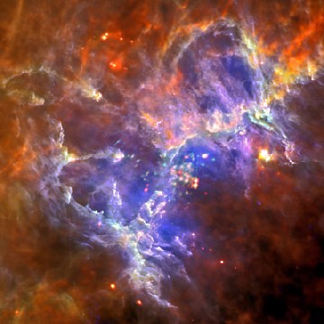 Aufnahmen aus dem Infrarot-, dem sichtbaren und dem Röntgenbereich übereinandergelegt formieren dieses Bild des Adlernebels. Unten mittig sind die "Säulen der Schöpfung" zu sehen. Diese mehrere Lichtjahre großen Nebelwolken sind so benannt, weil sich an ihrer Spitze junge Sterne formiert haben (Mitte). Abb.: ESA
