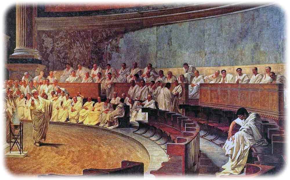 Auch Cicero - hier bei der Anklage von Catilina - teilte verbal rücksichtslos aus. Öffentliche Beleidigungen gehörten im antiken Rom gewissermaßen zum "guten Ton". Abb.: Fresko in der Villa Madama in Rom, 1888, Repro: Wikipedia, Public Domain