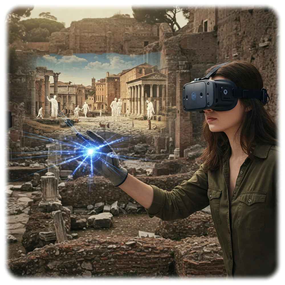 An immer mehr historischen Orten wird es möglich, das Ambiente früherer Zeiten per augmentierter Realität für Touristen sichtbar zu machen. Elektronische Magnethäute wie die vom HZDR Dresden sollen künftig auch die intuitive Navigation und Interaktion in solchen Virtuellen oder Agmentierten Welten verbessern. Visualisierung: Gemini, Prompt: Heiko Weckbrodt