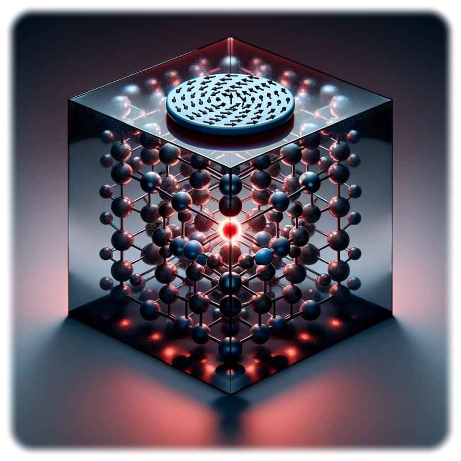 Die Visualisierung zeigt, wie sich ein Qubit (rotes Element im Silizium-Karbid-Kristall) durch ein spezielles Scheiben-Bauelement (oben) ansteuert lässt. Grafik: Mauricio Bejarano via HZDR