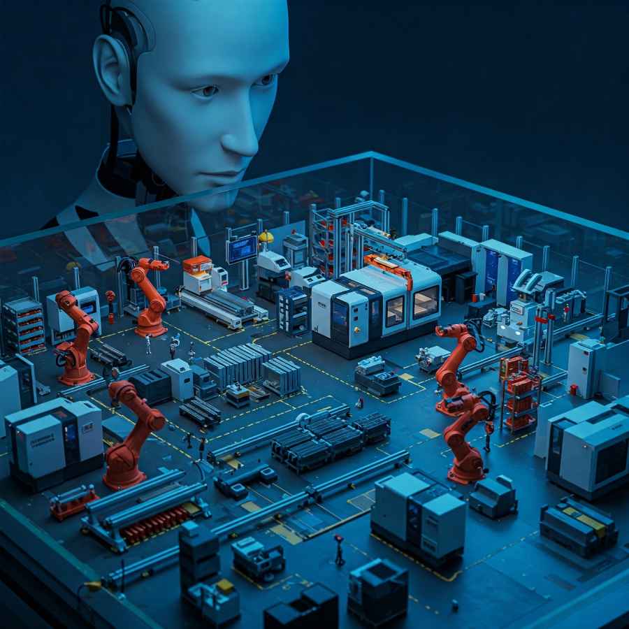 Die KI-Visualisierung zeigt eine vernetzte, hochautomatisierte Manufacturing-X-Maschinenbau-Fabrik. Visualisierung: Gemini, Prompt: hw