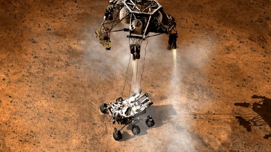Die Visualisierung zeigt die geplante Landung des Roboters "Curiosity" (Neugier) auf dem Mars. Abb.: NASA