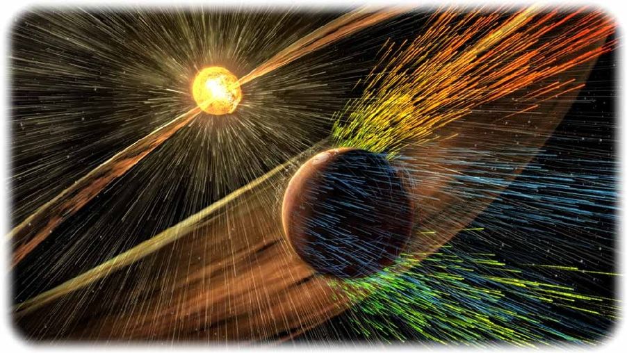 Die künstlerische Visualisierung zeigt, wie der geladene Sonnenwind immer mehr Gas aus der Mars-Atmosphäre ins All schleudert. Visualisierung: NASA/GSFC