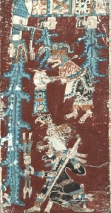 Beflügelt die Phantasien von Weltuntergang-Sehern seit jeher: Seite 78 im Codex Dresdensis zeigt eine Sintflut, die das Himmelskrokodil (l.) und die Wassergöttin Chak Chel (r.) auf die Erde gießen, während der Totengott (unten) triumphiert. Die Regentabellen auf den Seiten zuvor sagen solch eine Flut alle 5 Jahre voraus. Abb.: SLUB