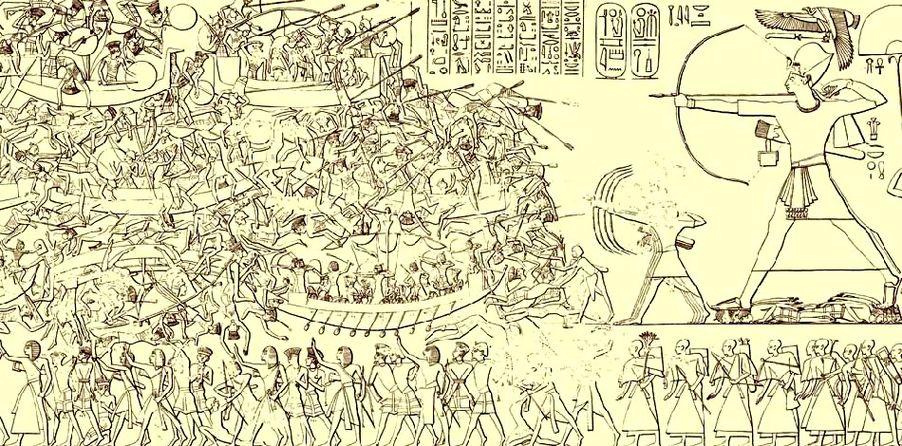 Die titelgebende Schlacht im Jahr 1177 v. u. Z., in der Pharao Ramses III. die Seevölker-Invasion stoppte. Die Darstellung ist eine Abzeichnung vom Totentempels Ramses’ III. in Medinet Habu, Ägypten. Autor unbekannt, Repro: Wikipedia, gemeinfrei