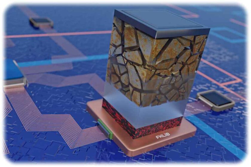 Modellhafte Darstellung einer auf einem Silizium-Wafer integrierten Festkörper-Lithium-Ionen-Batterie als Energieversorger. Zwischen den Kontakten sind die Kupfer-Silicid-Anode (unten), ein Festkörperelektrolyt aus einem hybriden Keramik-Polymer und die Kathode aus Lithiumeisenphosphat (oben) angeordnet. Visualisierung: B. Schröder für das HZDR
