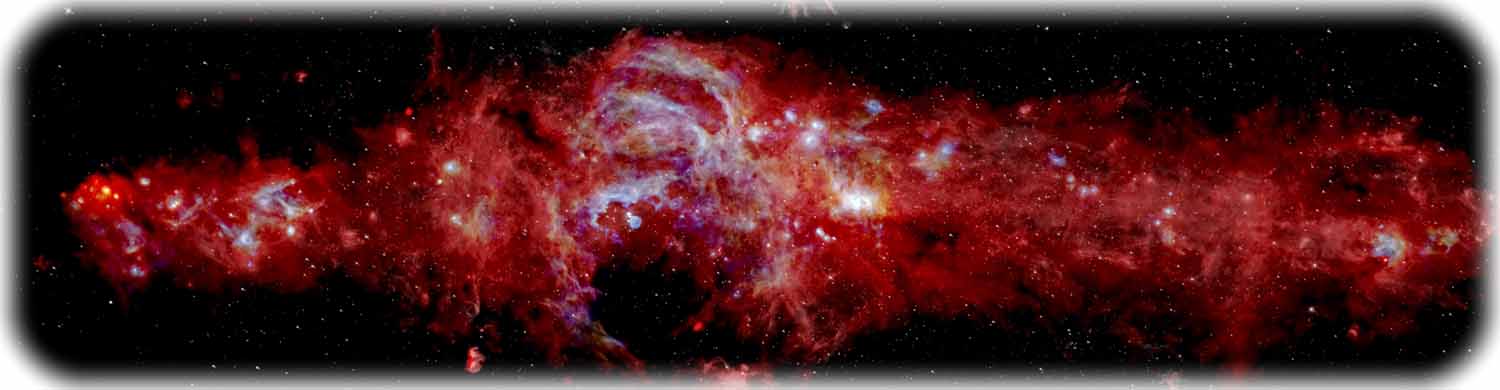 Diese aus vielen Infrarot-Fotos zusammengesetzte Panorama-Aufnahme vom Zentrum der Milchstraße umfasst einen Raum mit über 600 Lichtjahren im Durchmesser. Neben den Sofia-Daten flossen in dieses Bild auch Aufnahmen vom Herschel Space Observatory und vom Spitzer Space Telescope ein. Komposition: NASA/SOFIA/JPL-Caltech/ESA/Herschel