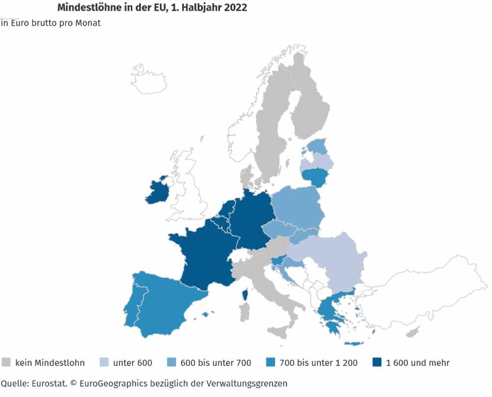 Übersicht über gesetzliche Mindestlöhne in EU-Ländern. Grafik: Destatis/Eurostat