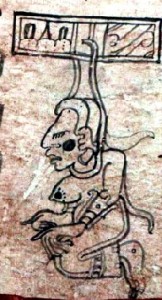 Beispiel für die metapherreiche Bildsprache des Maya-Kodex: Die Mondgöttin hat sich erhängt - dies steht für eine Mondfinsternis. Abb.: SLUB