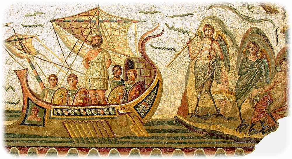 Odysseus widersteht (gefesselt) dem Gesang der Sirenen. Die Form des auf diesem antiken Mosaik gezeigten Schiffes ähnelt der Bauweise römischer Schiffe. Repro: Giorces, Wikipedia, Public Domain