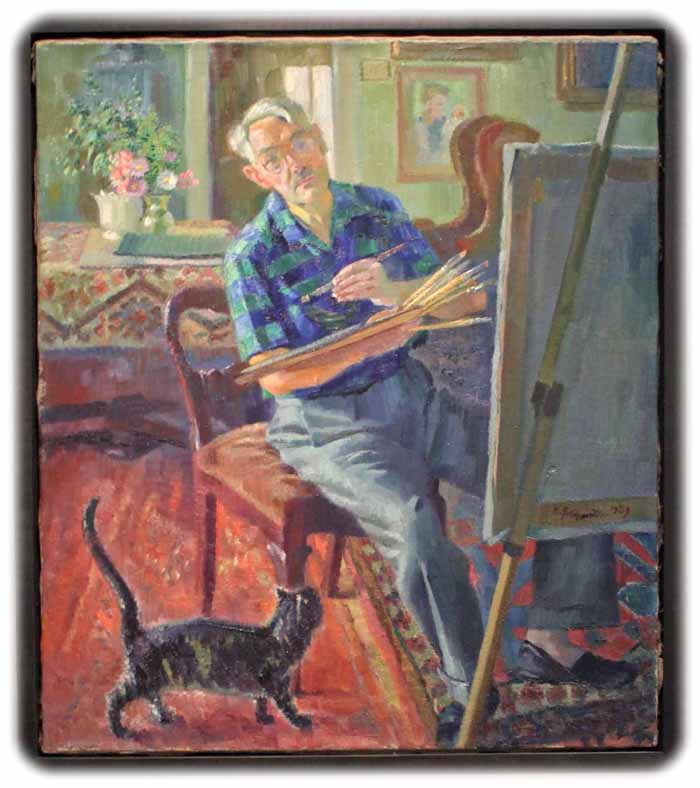Conrad Felixmüller,(1897-1977), Selbstbildnis im blaugrünen Hemd mit Bussy" , Repro: Peter Weckbrodt