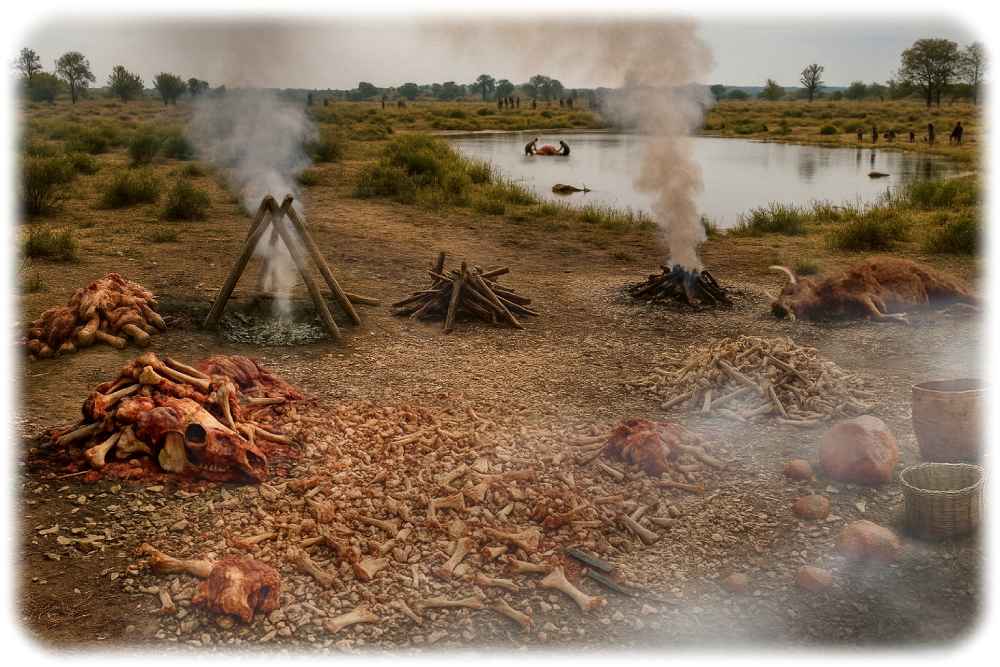 Fettfabrik der Neandertaler in Neumark in einer Visualisierung mit ChatGPT durch F. Scherjon, LEIZA-Monrepos, nachbearbeitet