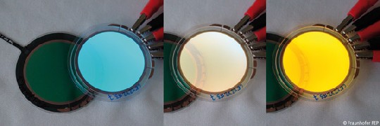 Farbvariables transparentes OLED-Modul mit gemischten Farben. Foto: Fraunhofer FEP