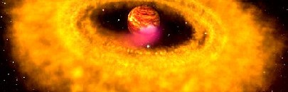 Ein kosmischer Bruder des Wanderplaneten? Objekt OTS44 saugt sich offenbar in der gleichen Weise wie ein entstehender Stern mit Gas aus einer Scheibe voll. Abb.: A. M. Quetz