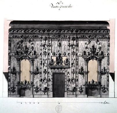 Wird auch digitalisiert: Zacharias Longuelune, Entwurf für eine Wandgestaltung der kurfürstlichen Porzellansammlung im Japanischen Palais (um 1735), Abb.: SächsHStA