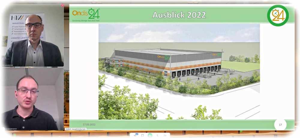 So etwa soll das neue Ondis24-Logistikzentrum aussehen. Hier ein Bildschirmfoto von Ondis24-Chef Kenneth Markert und Tagungsorganisator Prof. Dirk Reichelt während der virtuellen Konferenz "Fabrik der Zukunft" an der HTW Dresden. BSF: hw