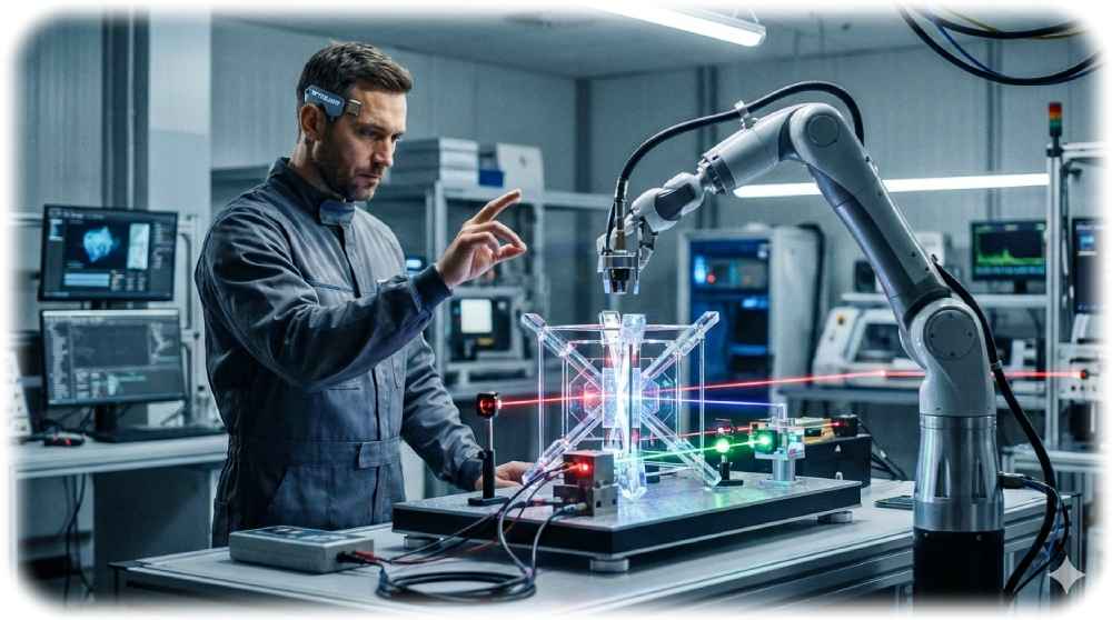 Quantensensoren können weit präziser als klassische Sensoren Magnetfelder, Schwankungen von Temperatur, Druck und andere Kenngrößen ermitteln. Das Optoquant-Projekt in Dresden zieht darauf, ein komplettes System in einen Chip zu packen. Dies könnte u. a. neue Mensch-Maschine-Schnittstellen ermöglichen. Visualisierung: KI Gemini, Prompt: Heiko Weckbrodt