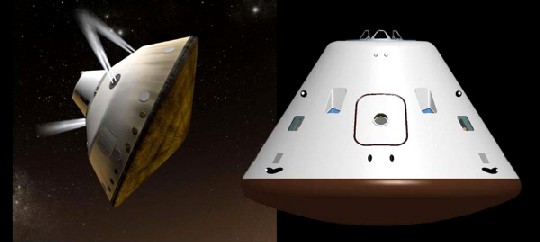 Die visualisierung zeigt das unbemannnte MSL-Raumschiff auf dem Anflug gen mars (links) und die Orion-Kapsel, die die NASA für bemannte Flüge entwickelt. Visualisierung: NASA