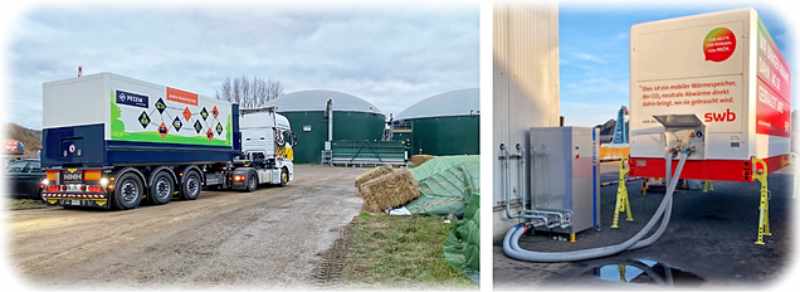 Links: Von der Biogasanlage in Nieder Seifersdorf transportiert ein PCM-Laster das Phasenwechselmaterial zu einem Freibad in der Lausitz. Rechtes Bild: Entladung eines PCM-Latent-Wärmespeichers im Bremer Hafen. Fotos: PCM Energy 